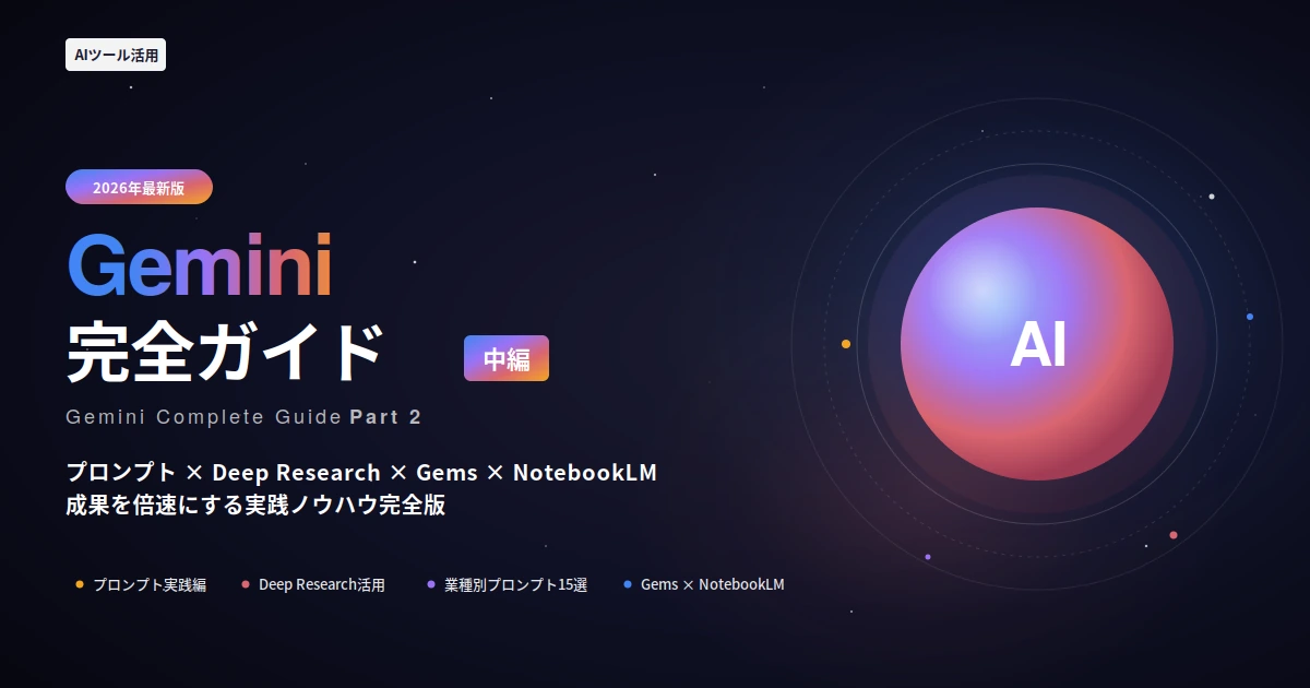 Gemini完全ガイド【中編】｜プロンプト実践・Deep Research・Gems・NotebookLMで成果を倍速にする実践ノウハウ完全版【2026年5月最新】